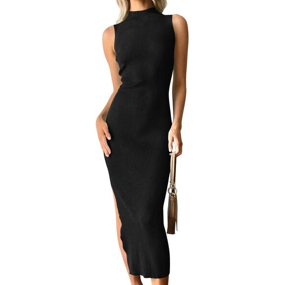 Zesica Dresses & Skirts - ZESICA Mock Neck Ribbed Side Slit Bodycon Tank Midi Dress Women Large NWT